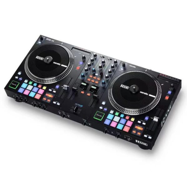 Top view of Rane One Motorized DJ Controller featuring high-resolution platters and colorful performance pads.