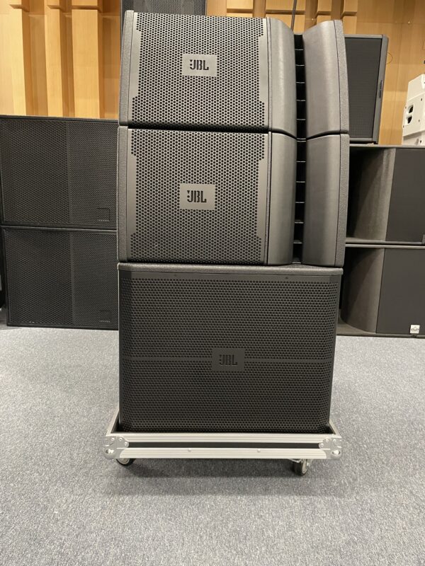 Front view of stacked JBL Line Array Speakers