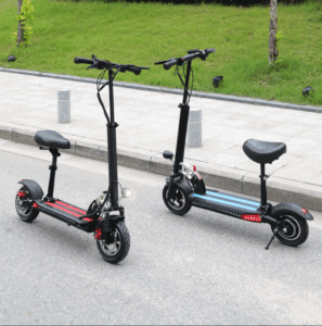 Two foldable electric scooters, one in cool red and one in sky blue, parked side by side, ready for urban commuting.