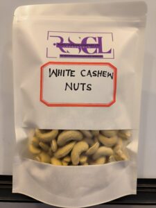 Rumali Supreme White Cashew Nuts Packaging Pouch of Rumali Supreme white cashew nuts on display.