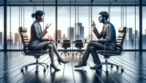 Asian woman and European man communicating in a modern office